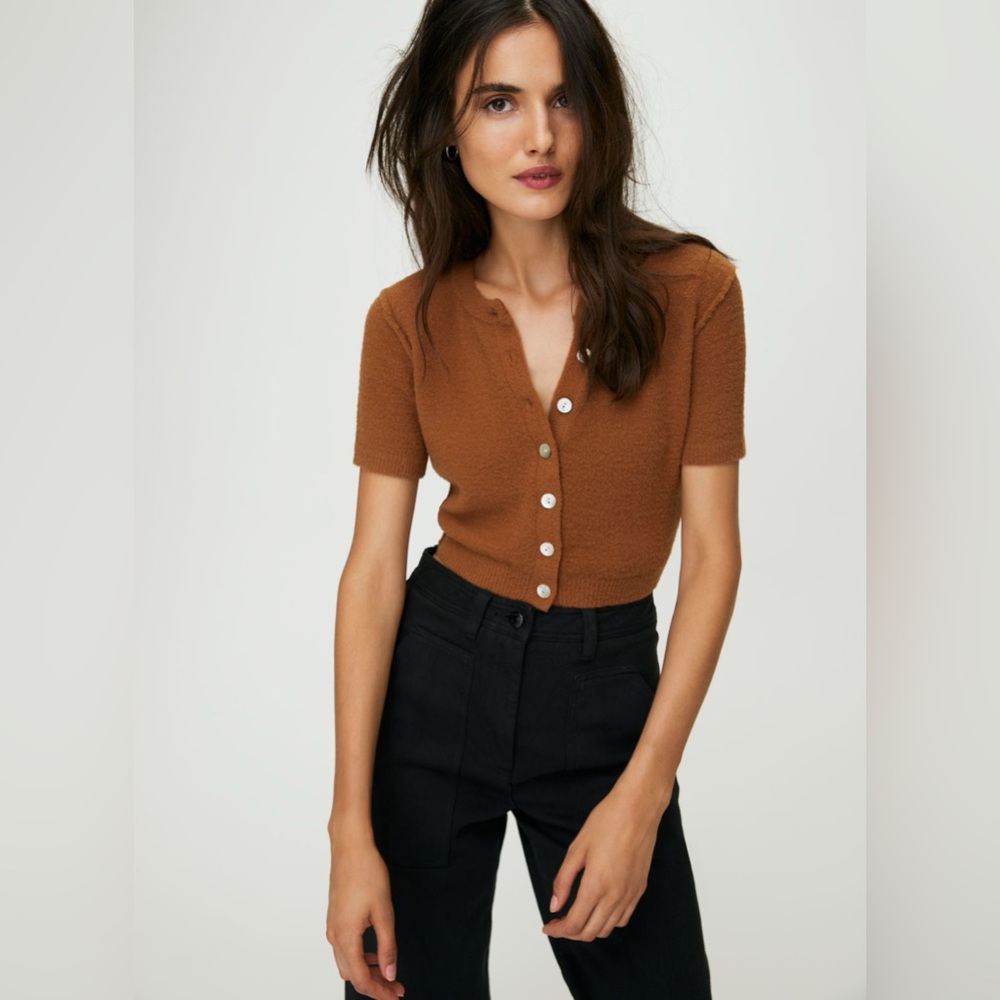 Aritzia Brown Short-Sleeve Cropped Button Cardigan